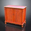 Antique Red Wooden Cabinet With Intricate Carved Patterns Gold Trim Pink Top And Carved Legs