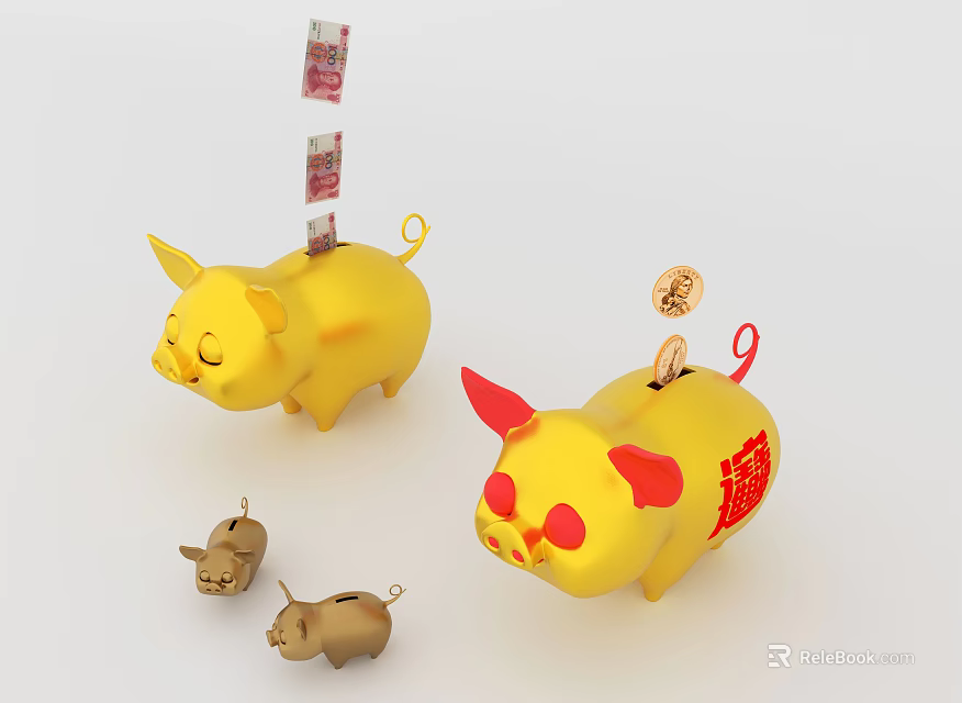 Yellow Piggy Banks With Inserted Banknotes Coins And Small Savings Pots 3d model 