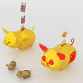 Yellow Piggy Banks With Inserted Banknotes Coins And Small Savings Pots