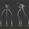 Futuristic Mechanical Sculptures With Long Slender Legs And Purple Glowing Head Components