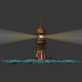 Decorative Lighthouse Themed Furniture Model Featuring Lit Light And Blue Wave Base Design