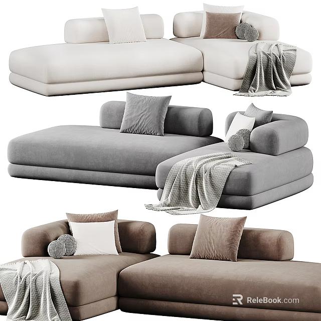 Cozy Sectional Sofa With Soft Pillows Throw Blanket And Neutral Tones Design 3d model 