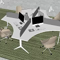 Modern Office Desk With Open Design Multiple Monitors Office Chairs And Green Carpet