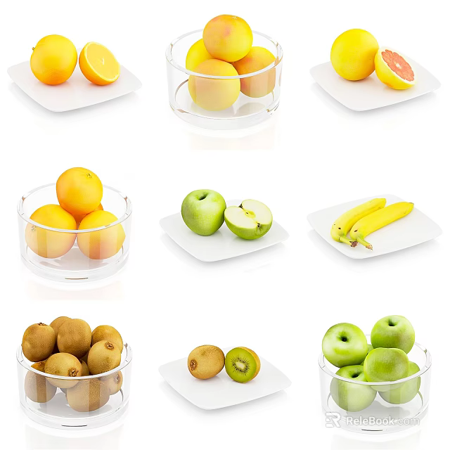 Fresh Mixed Fruits Whole and Sliced in White Plates and Glass Bowls 3d model 