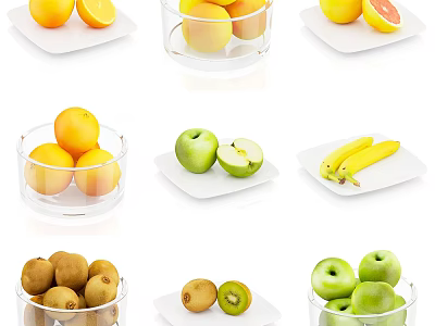 Fresh Mixed Fruits Whole and Sliced in White Plates and Glass Bowls 3d model