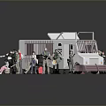 Group of People Surrounding White Prison Van with Weapons and Items