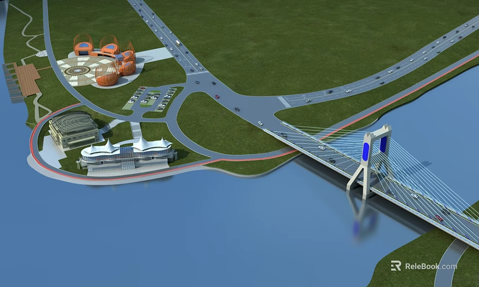 Modern Cable Stayed Bridge With Waterfront Green Landscape Road Links And Nearby Buildings 3d model 