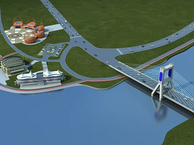 Modern Cable Stayed Bridge With Waterfront Green Landscape Road Links And Nearby Buildings 3d model