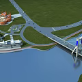 Modern Cable Stayed Bridge With Waterfront Green Landscape Road Links And Nearby Buildings