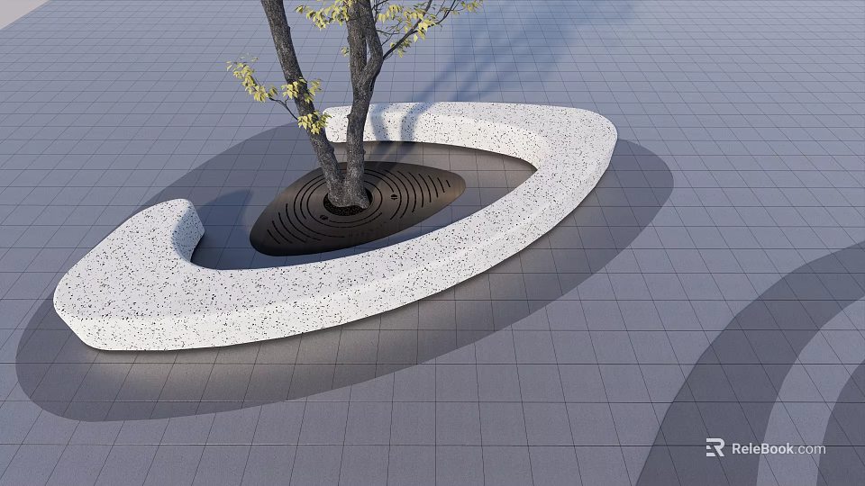 Curved Tree Planter with Speckled Surface on Grid Patterned Floor and Tree 3d model 