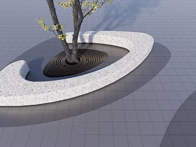 Curved Tree Planter with Speckled Surface on Grid Patterned Floor and Tree 3d model