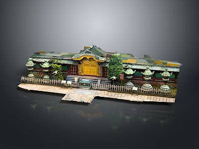 Traditional Architectural Model With Yellow Entrance Green Roof And Courtyard Plants 3d model