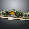 Traditional Architectural Model With Yellow Entrance Green Roof And Courtyard Plants