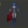 Game Movie Warrior Character With Blue Hair Golden Armor Red Cape And Black Boots