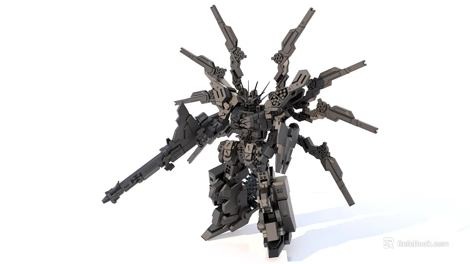 Complex Black Mechanical Sculpture With Multiple Arms And Sci Fi Design 3d model