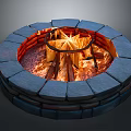 Circular Stone Fire Pit With Burning Wood Logs And Metal Fire Ring