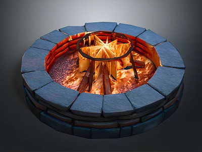Circular Stone Fire Pit With Burning Wood Logs And Metal Fire Ring 3d model