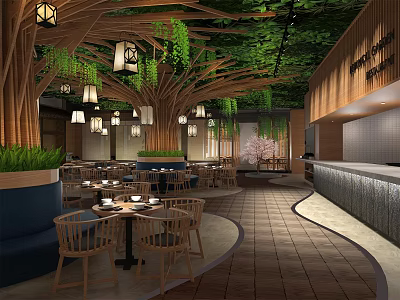 Natural Wooden Restaurant Interior With Hanging Lanterns Greenery Bar Counter And Tables 3d model