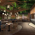 Natural Wooden Restaurant Interior With Hanging Lanterns Greenery Bar Counter And Tables