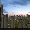 Urban Night View Landscape with Tall Skyscrapers Illuminated Lights and Cloudy Sky