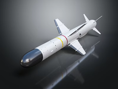 White Military Missile With Black Nose Cone Yellow Band And Reflective Wing Structure 3d model
