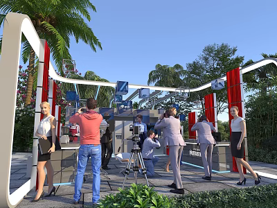 Media Event With People Photographers Red Curtains White Curved Structures Palm Trees And Green Plants 3d model