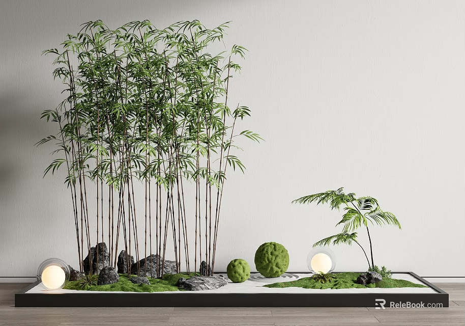 Courtyard Garden with Bamboo Plants Stones Green Moss Small Fern and Round Lanterns 3d model 
