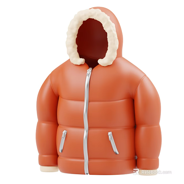 Orange Puffer Jacket With Fur Lined Hood Front Zipper And Side Pockets 3d model