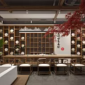 Traditional Tea House Interior Design With Wooden Shelves Tea Sets And Calligraphy Decor
