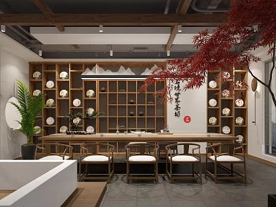 Traditional Tea House Interior Design With Wooden Shelves Tea Sets And Calligraphy Decor 3d model