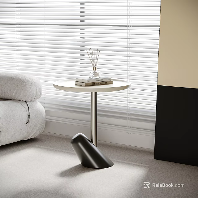 Round White Top Side Table With Metal Legs Near Gray Sofa Blinds Books And Diffuser 3d model 