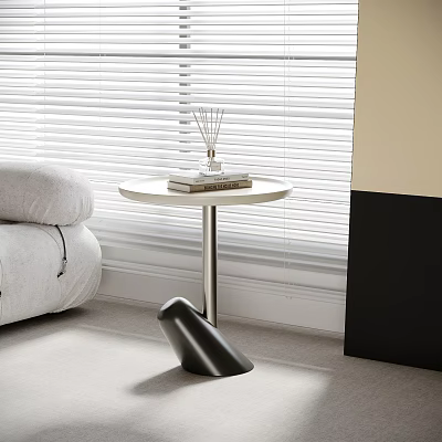 Round White Top Side Table With Metal Legs Near Gray Sofa Blinds Books And Diffuser 3d model