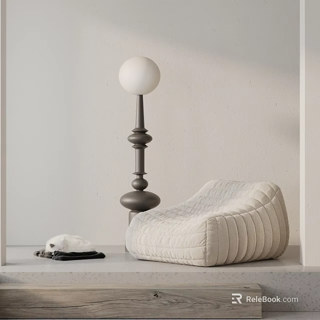 Beige Quilted Striped Lazy Sofa with Modern Black Floor Lamp in Minimalist Room 3d model 