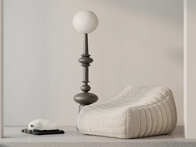 Beige Quilted Striped Lazy Sofa with Modern Black Floor Lamp in Minimalist Room 3d model