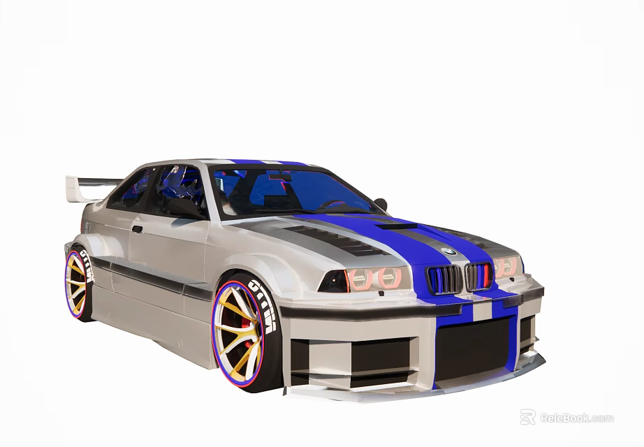 Silver Racing Car With Blue Black Stripes Modified Wheels And Rear Spoiler 3d model 