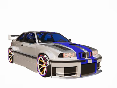 Silver Racing Car With Blue Black Stripes Modified Wheels And Rear Spoiler 3d model