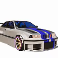 Silver Racing Car With Blue Black Stripes Modified Wheels And Rear Spoiler
