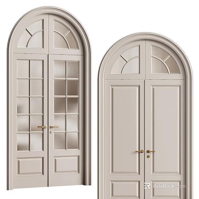 Modern Double Doors With Glass Panels And Golden Handles In Light Gray Design 3d model 