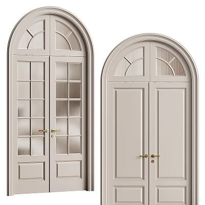Modern Double Doors With Glass Panels And Golden Handles In Light Gray Design 3d model