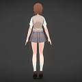 Young woman standing in school uniform with sweater vest white shirt and pleated skirt