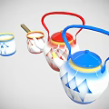 Colorful Tableware Set With Red Blue White Teapots Cups And Geometric Arrow Patterns 3d model