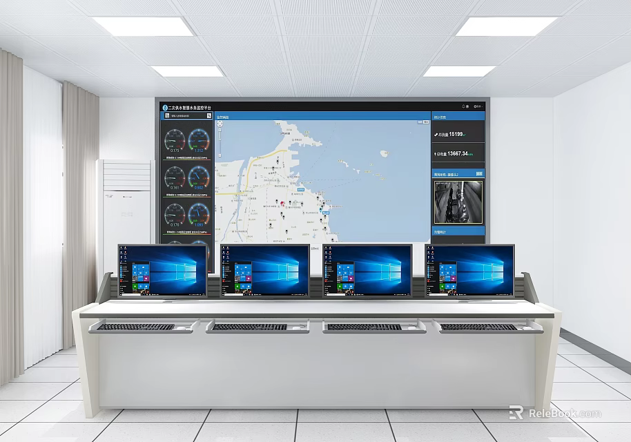 Modern Control Room Interior Design With Multiple Monitor Screens Console Desk And Map 3d model 