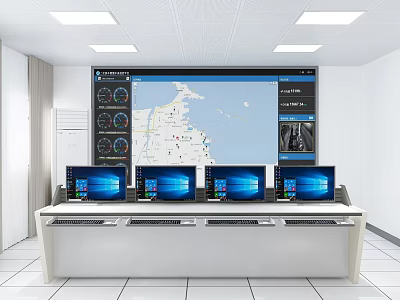 Modern Control Room Interior Design With Multiple Monitor Screens Console Desk And Map 3d model