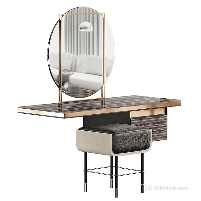 Modern Dressing Table With Round Gold Frame Mirror Wooden Countertop Drawers and Upholstered Stool Design 3d model 