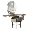 Modern Dressing Table With Round Gold Frame Mirror Wooden Countertop Drawers and Upholstered Stool Design