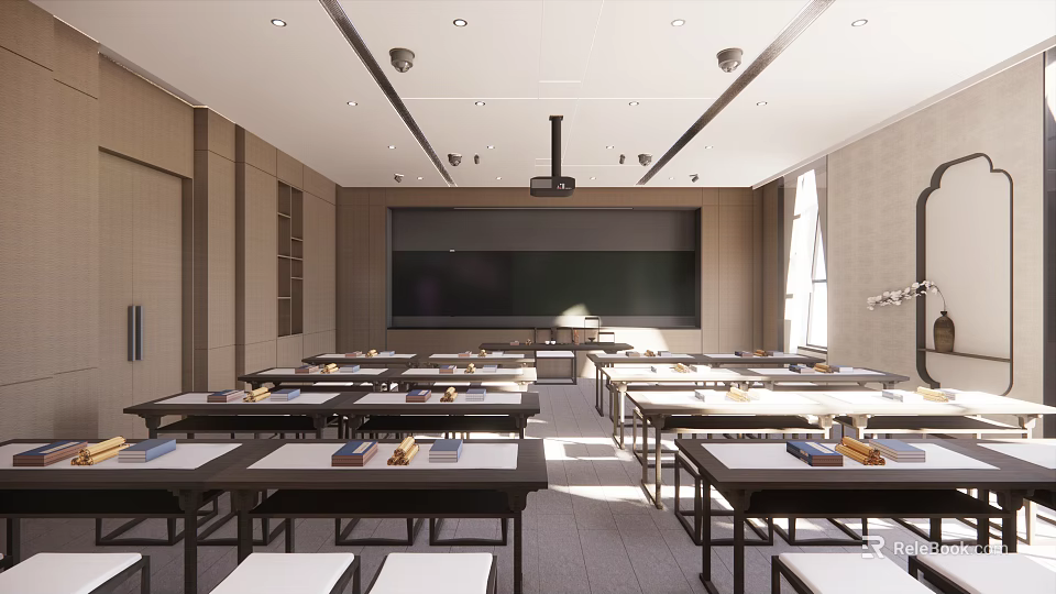 Modern School Classroom With Desks Chairs Large Screen And Projector 3d model 