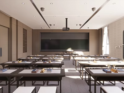 Modern School Classroom With Desks Chairs Large Screen And Projector 3d model