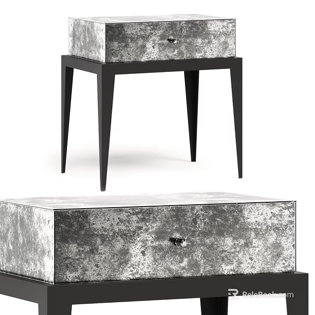 Modern Industrial Nightstand With Distressed Silver Surface And Black Tapered Legs 3d model 