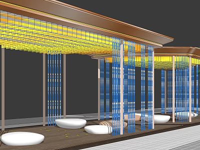 Modern Pergola Design with Yellow Blue Decorative Grilles and White Circular Seats on Wooden Floor 3d model