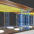 Modern Pergola Design with Yellow Blue Decorative Grilles and White Circular Seats on Wooden Floor
